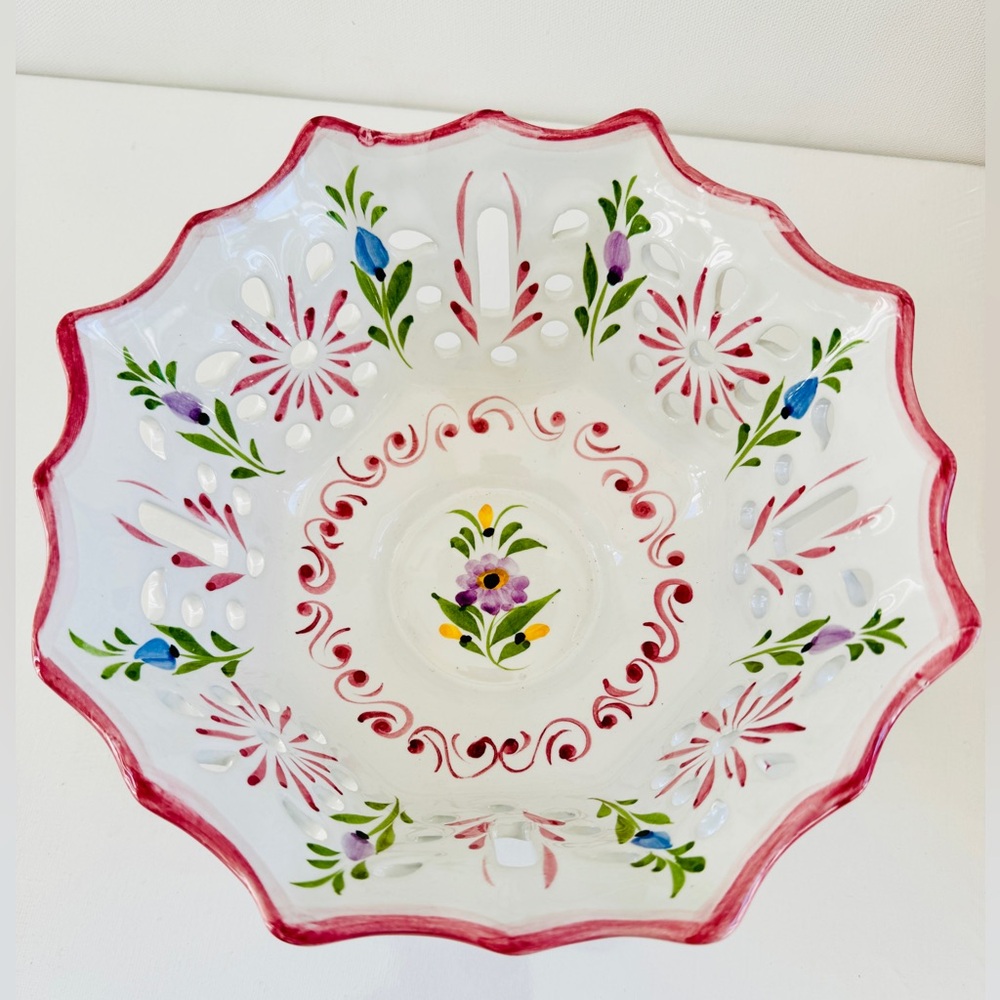 RCCL Portugal Hand Painted Reticulated Fruit Bowl White With Floral Design